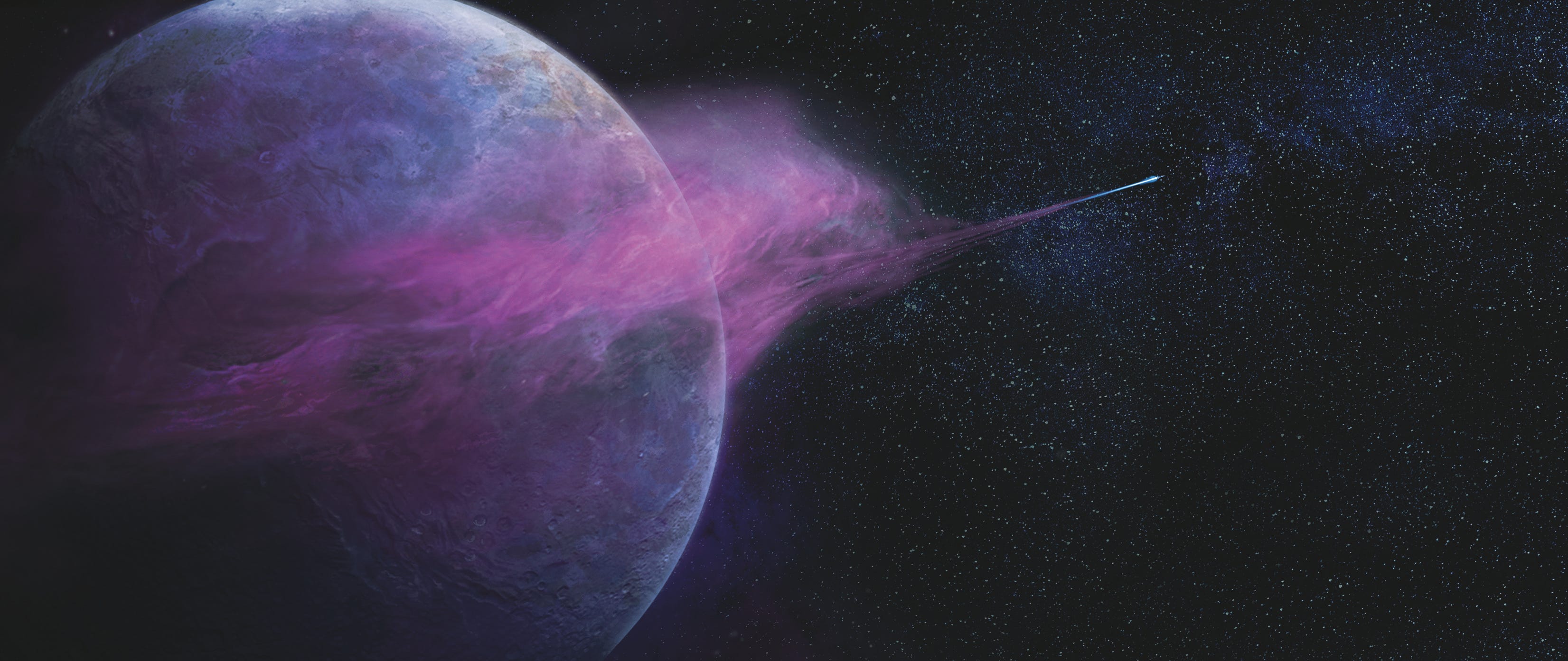 lightyear concept art, with a shuttle leaving the orbit of a purple-tinged planet, rocketing into space with a trail of dust in its wake